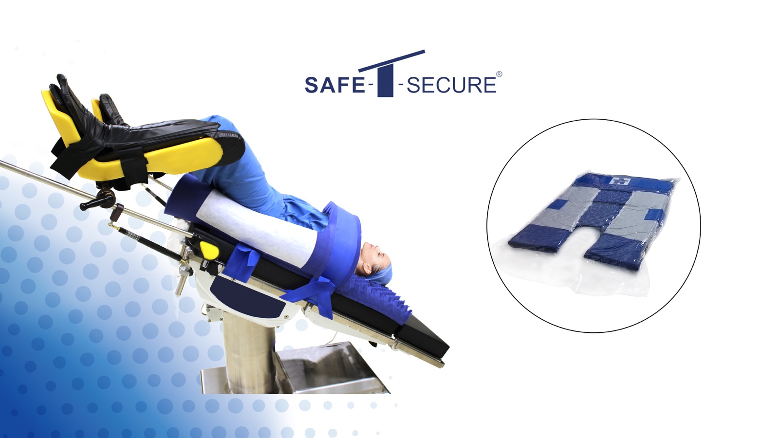 Safe-T-Secure Trendelenburg patient positioner securing a patient in steep Trendelenburg on an OR table