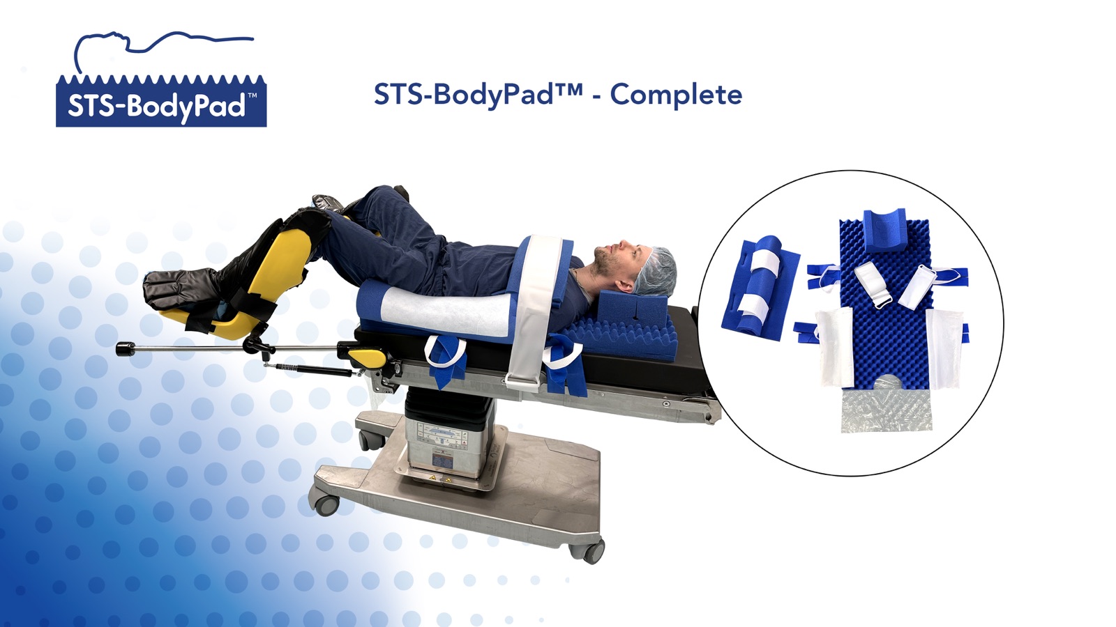 STS-BodyPad kit-based positioning system with pad, lift sheet, straps, and arm protectors